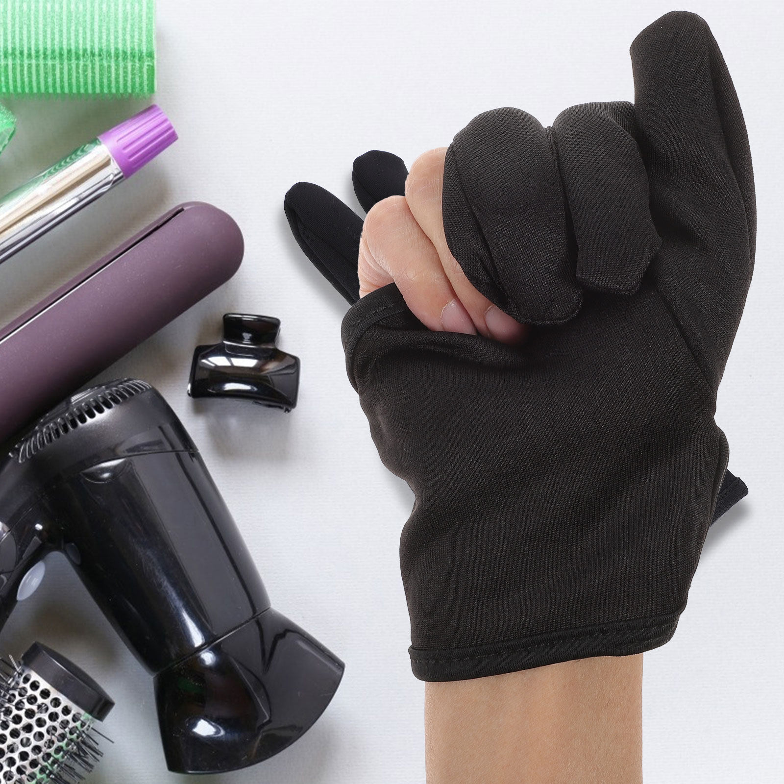 Hair Straightener - 3 Parmaklı Kuaför Eldiveni Siyah Isıya